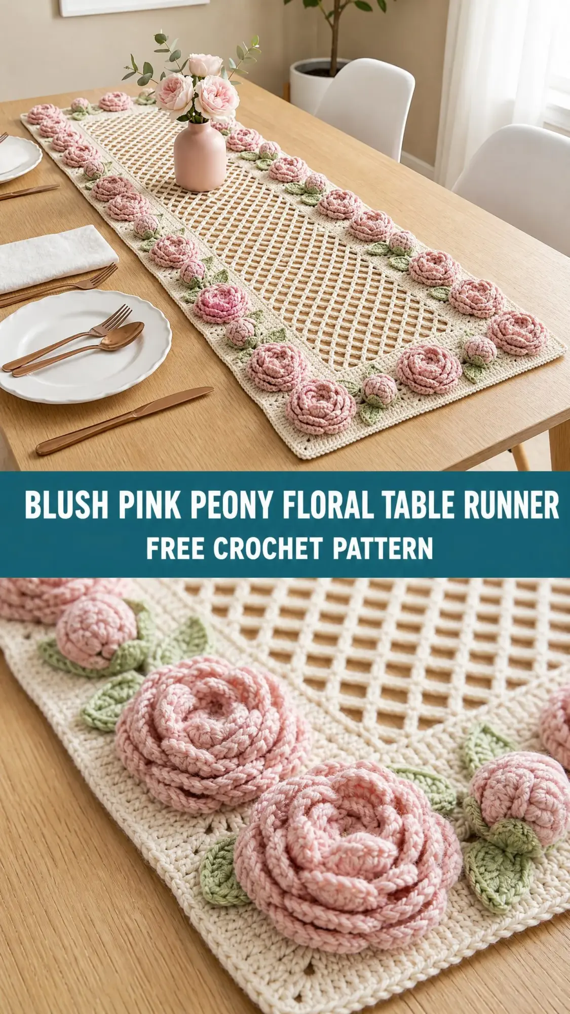 Blush Pink Peony Floral Table Runner Free Crochet Pattern