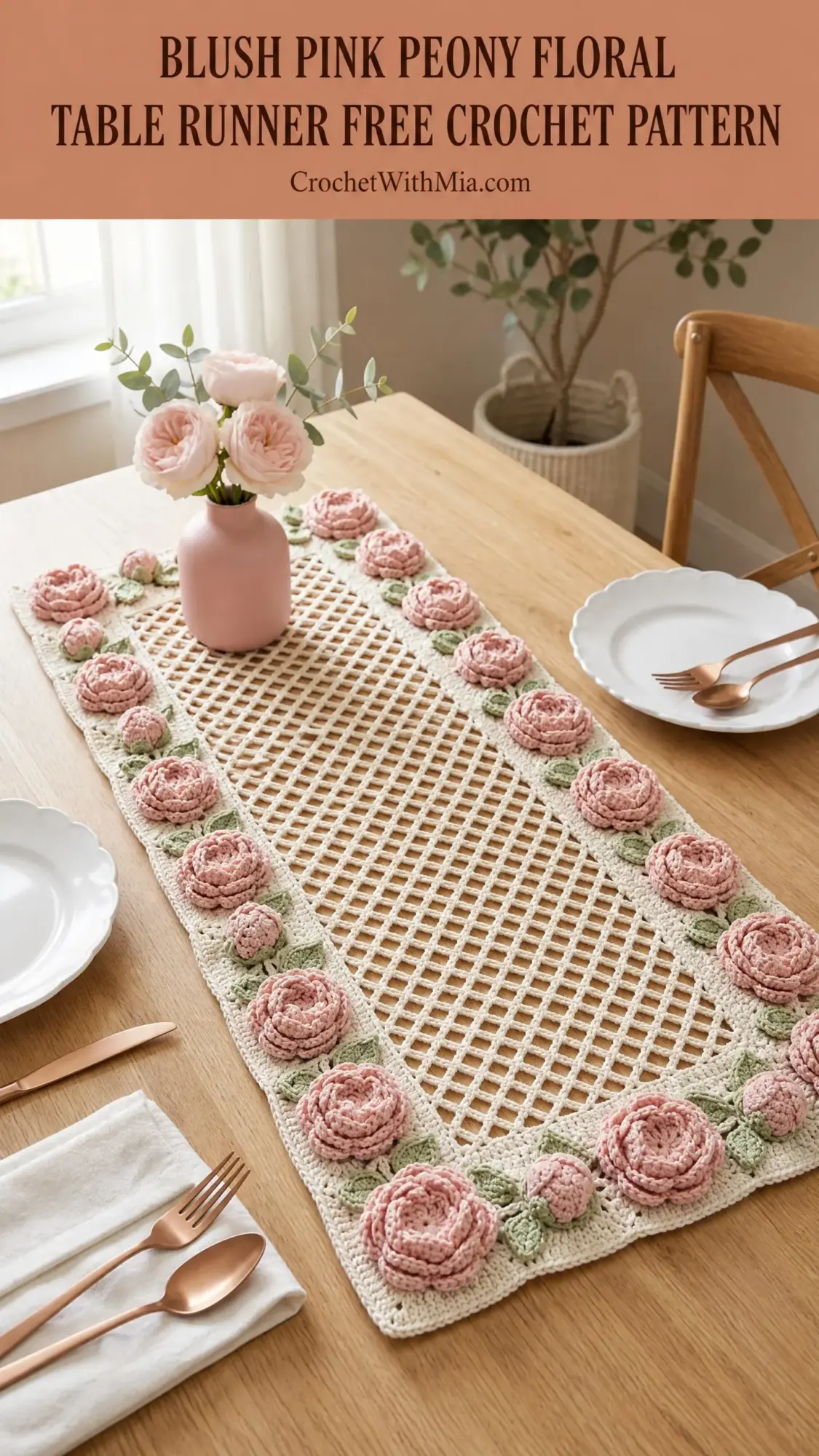 Blush Pink Peony Floral Table Runner Free Crochet Pattern