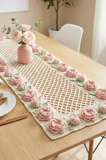 Blush Pink Peony Floral Table Runner Free Crochet Pattern
