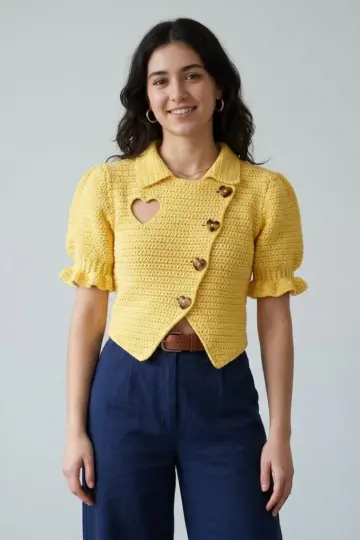Butter Yellow Retro Heart Crochet Cardigan Pattern