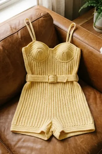 Butter Yellow Ribbed Crochet Romper Free Crochet Pattern