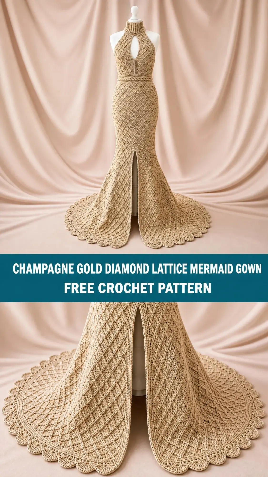 Champagne Gold Diamond Lattice Mermaid Gown Free Crochet Pattern