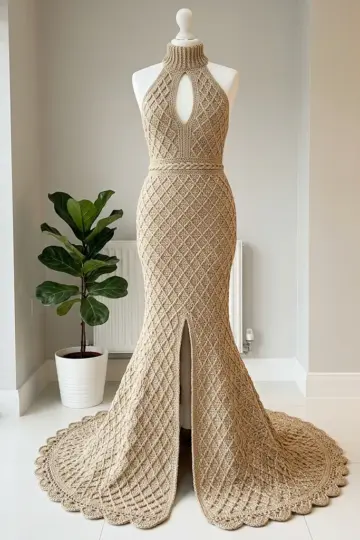 Champagne Gold Diamond Lattice Mermaid Gown Free Crochet Pattern