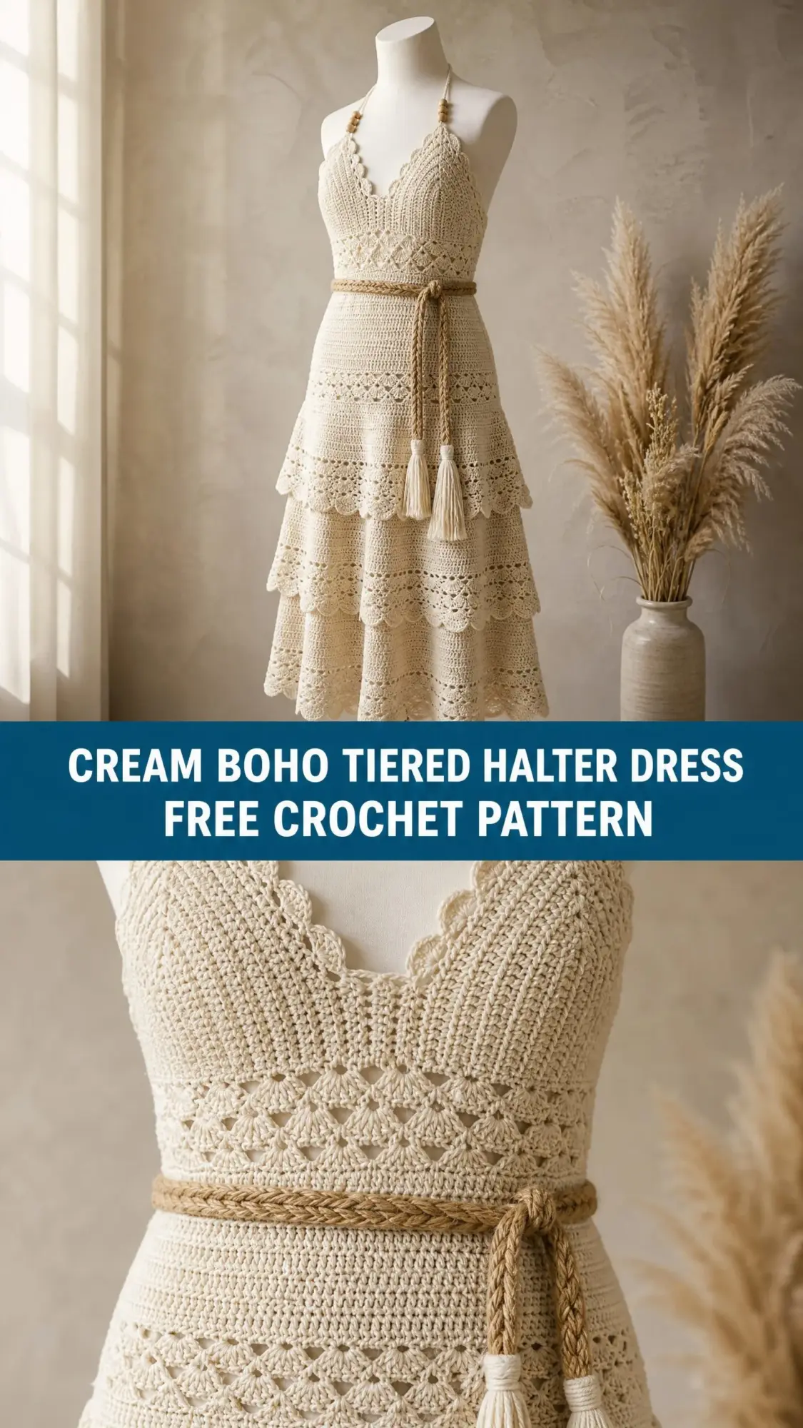 Cream Boho Tiered Halter Dress Free Crochet Pattern