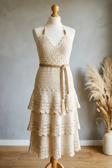 Cream Boho Tiered Halter Dress Free Crochet Pattern