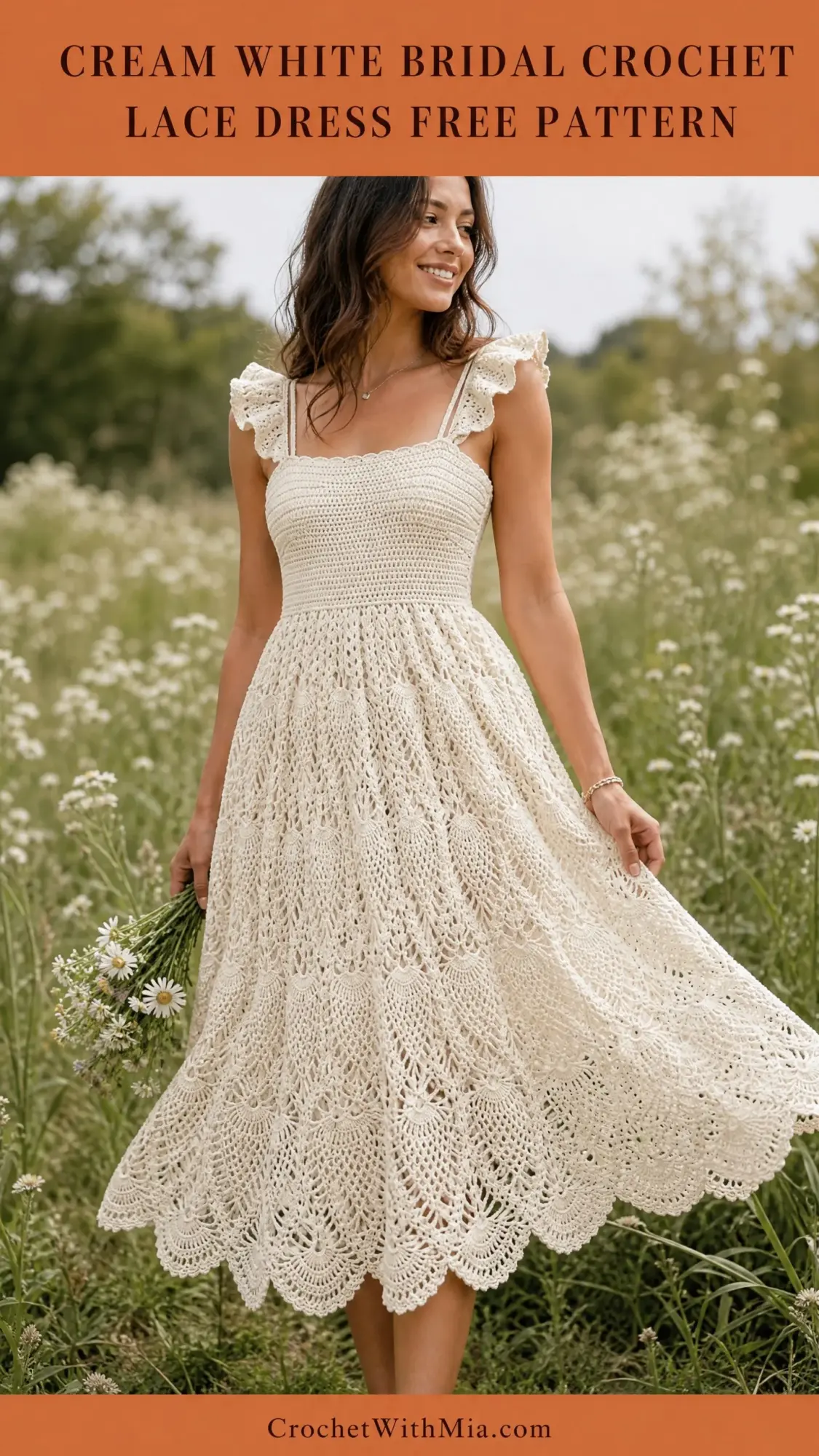Cream White Bridal Crochet Lace Dress Free Pattern
