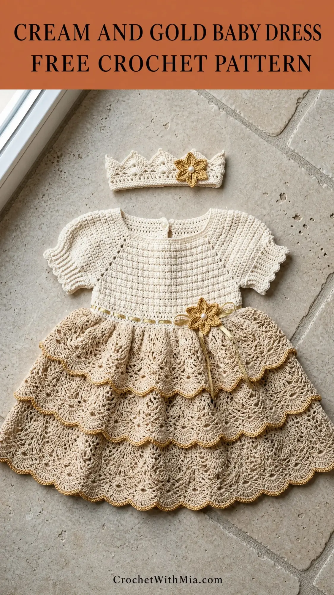Cream and Gold Baby Dress Free Crochet Pattern