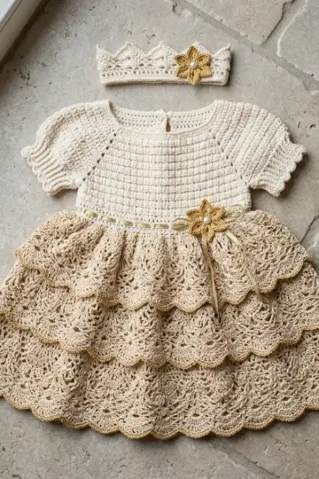 Cream and Gold Baby Dress Free Crochet Pattern