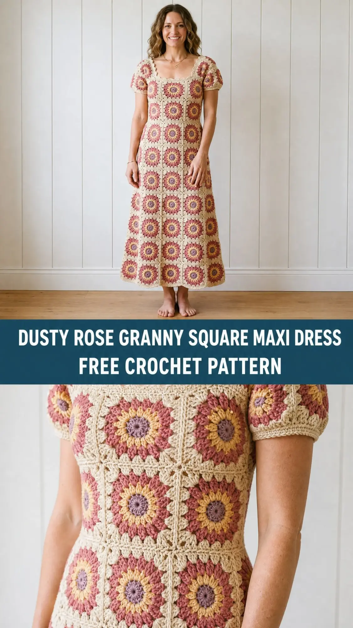 Dusty Rose Granny Square Maxi Dress Free Crochet Pattern