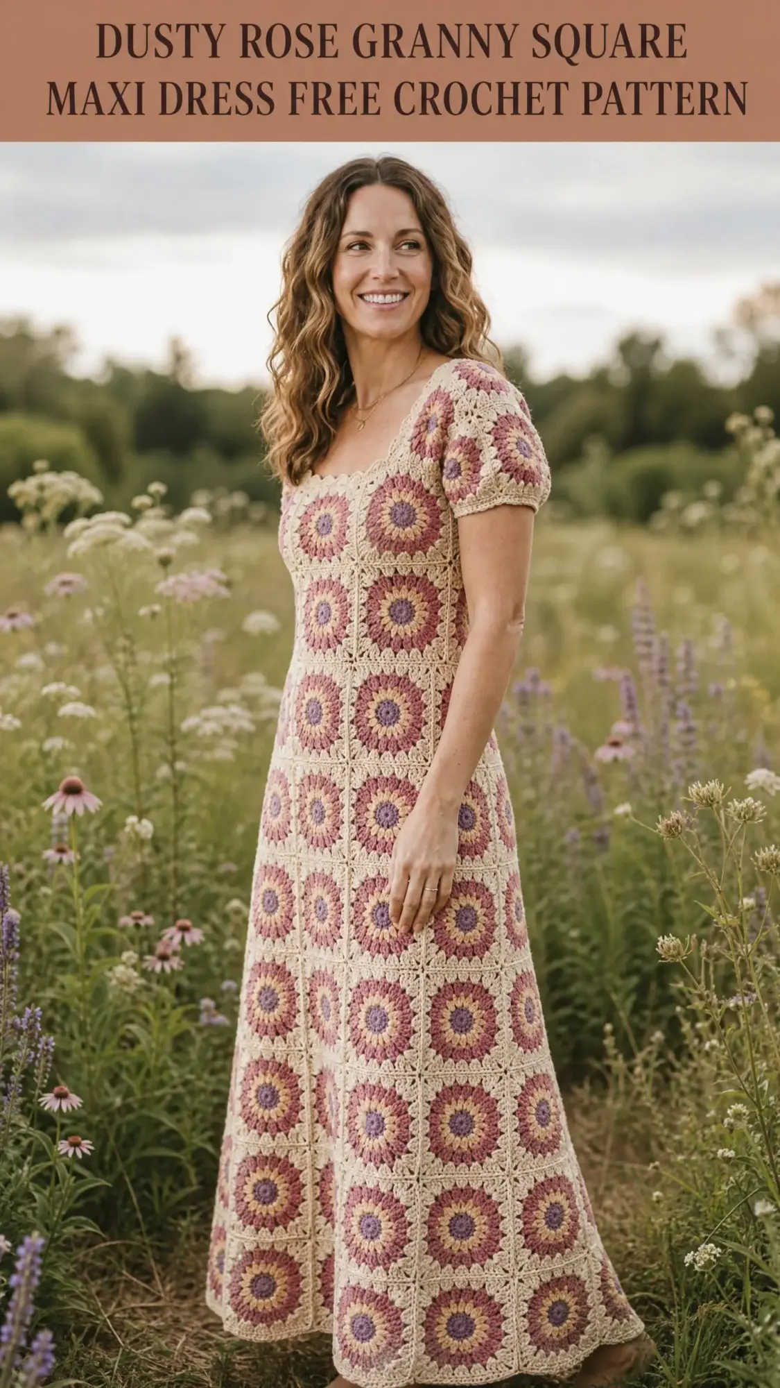 Dusty Rose Granny Square Maxi Dress Free Crochet Pattern