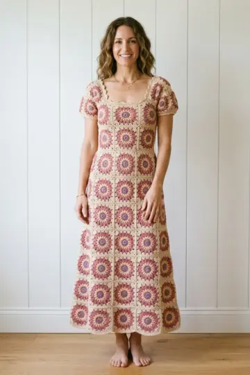 Dusty Rose Granny Square Maxi Dress Free Crochet Pattern