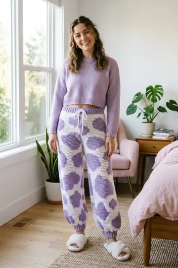 Lavender Cow Print Crochet Lounge Pants Pattern