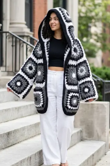 Monochrome Black White Granny Cardigan Free Crochet Pattern