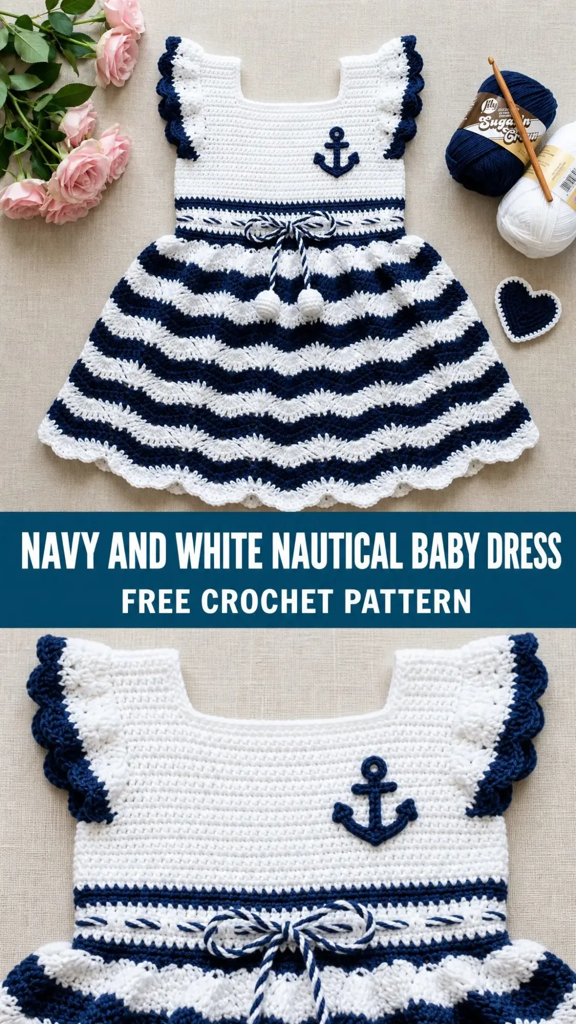 Navy and White Nautical Baby Dress Free Crochet Pattern