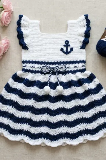 Navy and White Nautical Baby Dress Free Crochet Pattern