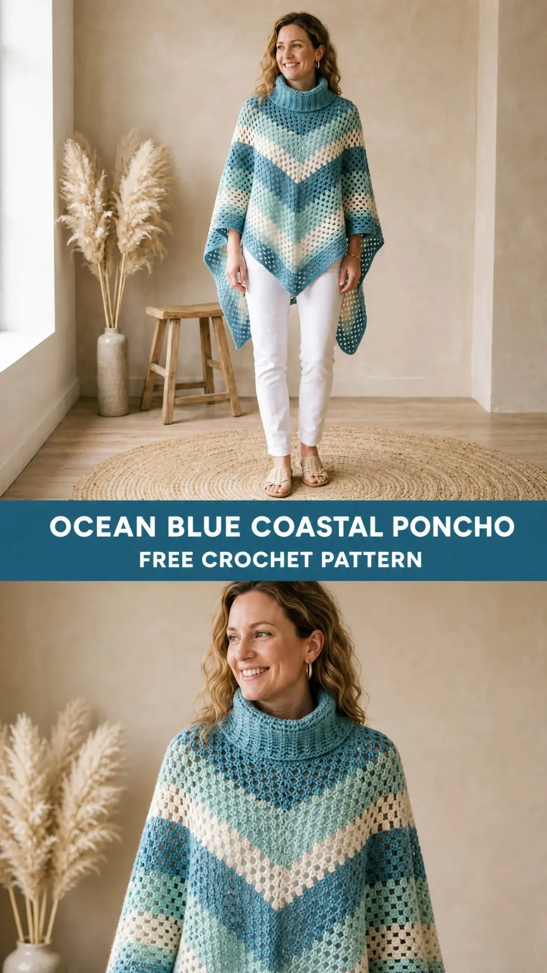 Ocean Blue Coastal Poncho Free Crochet Pattern