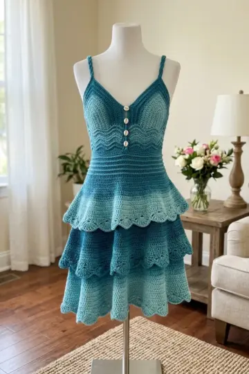 Ocean Blue Coastal Ruffle Dress Free Crochet Pattern