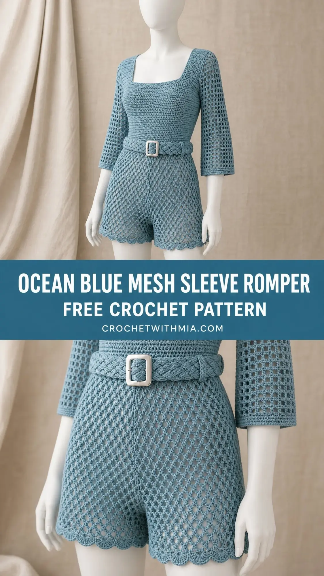Ocean Blue Mesh Sleeve Romper Free Crochet Pattern