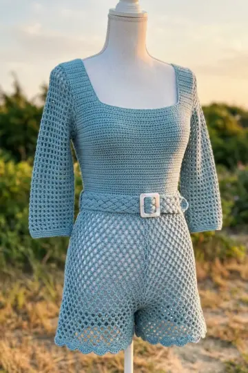 Ocean Blue Mesh Sleeve Romper Free Crochet Pattern