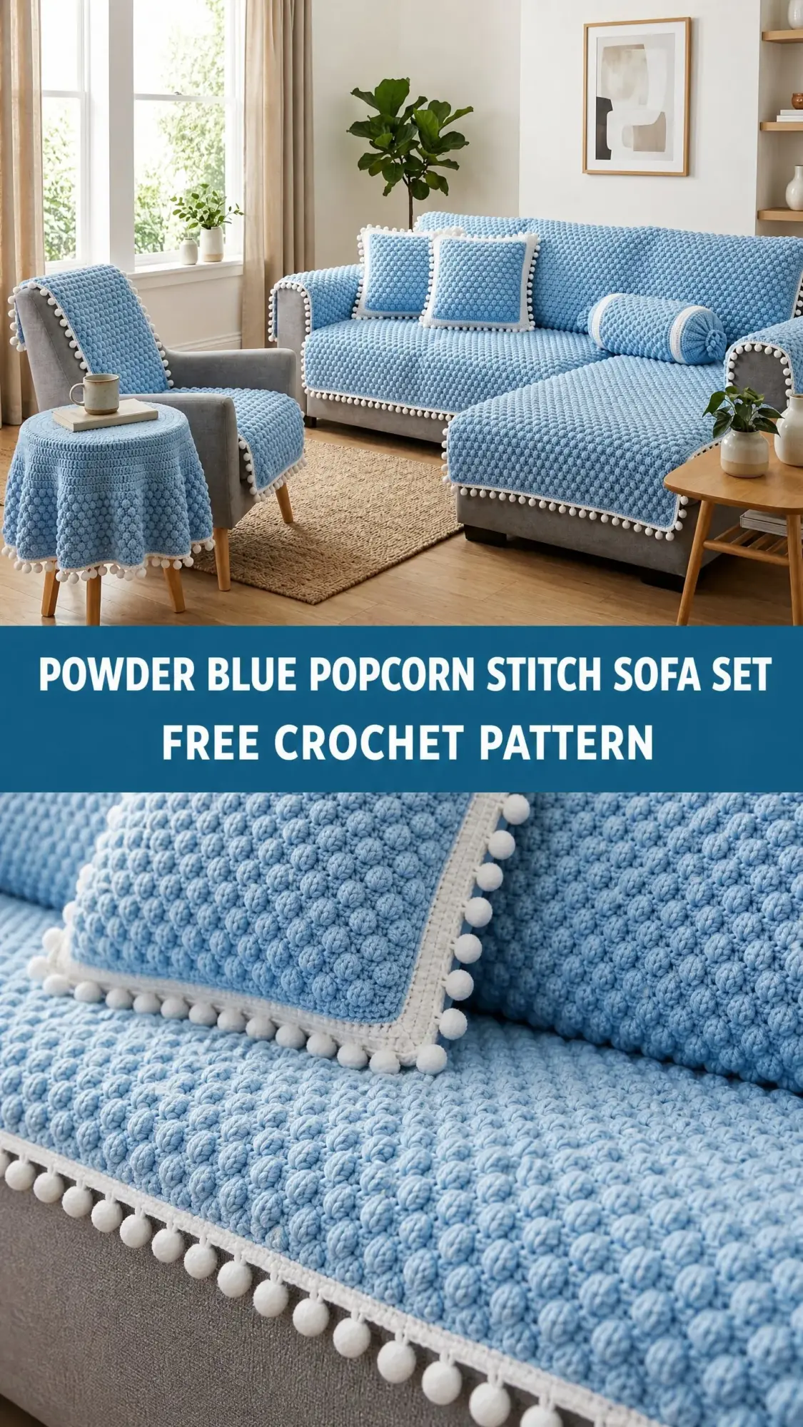 Powder Blue Popcorn Stitch Sofa Set Free Crochet Pattern