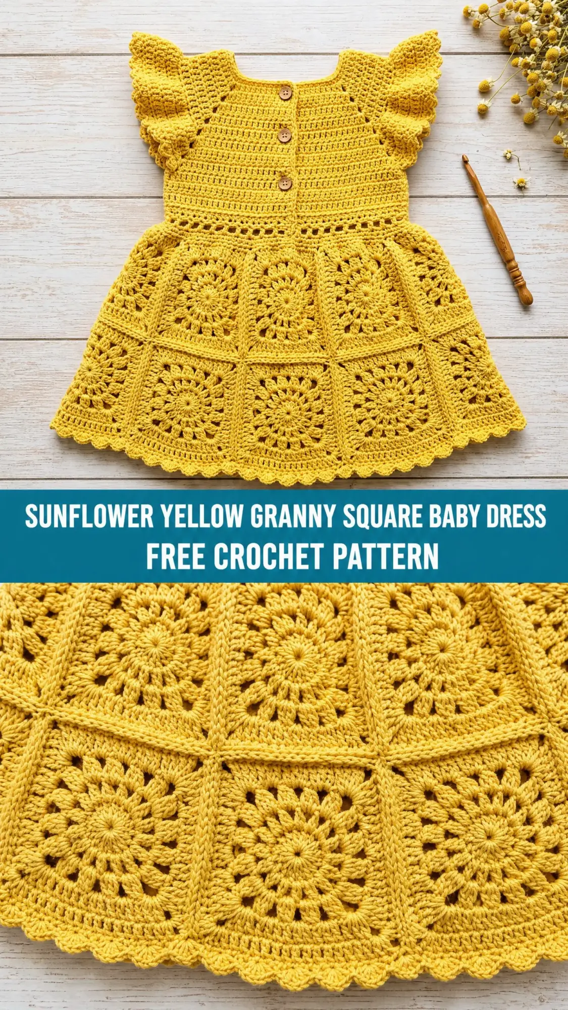 Sunflower Yellow Granny Square Baby Dress Free Crochet Pattern