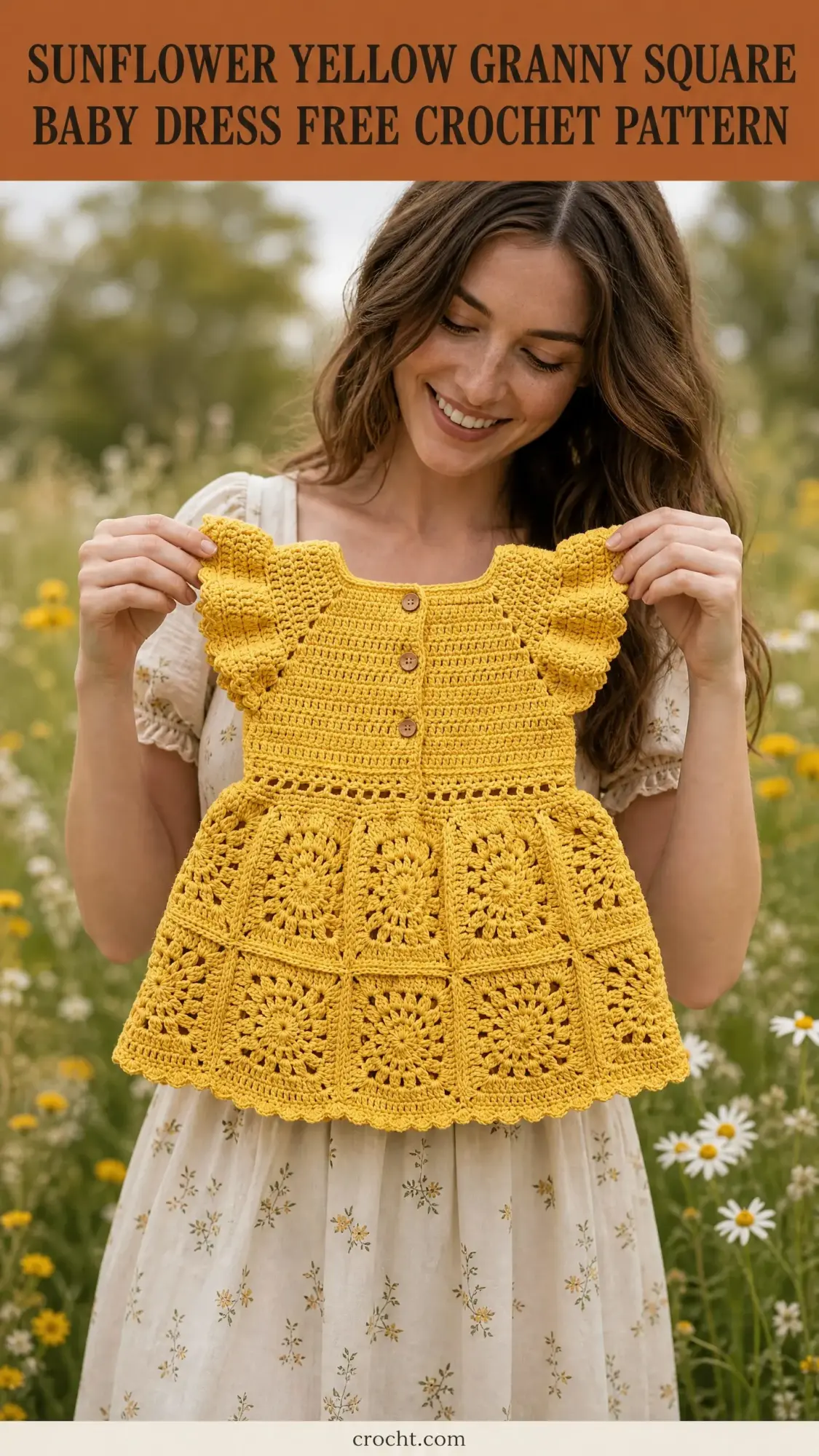 Sunflower Yellow Granny Square Baby Dress Free Crochet Pattern