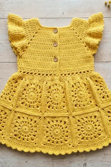 Sunflower Yellow Granny Square Baby Dress Free Crochet Pattern