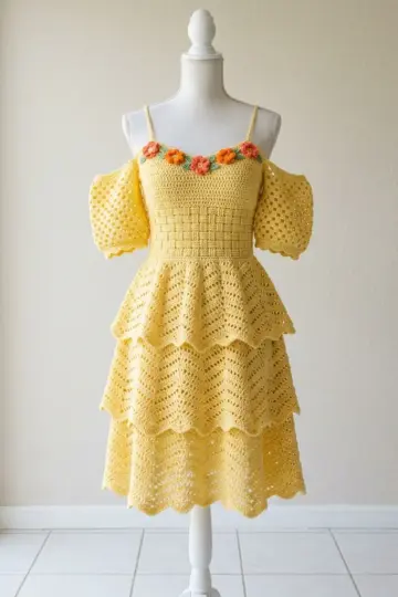 Sunshine Yellow Tiered Summer Dress Free Crochet Pattern