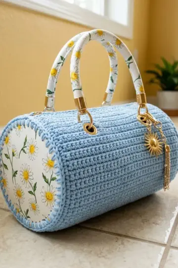 Baby Blue Daisy Barrel Bag Free Crochet Pattern