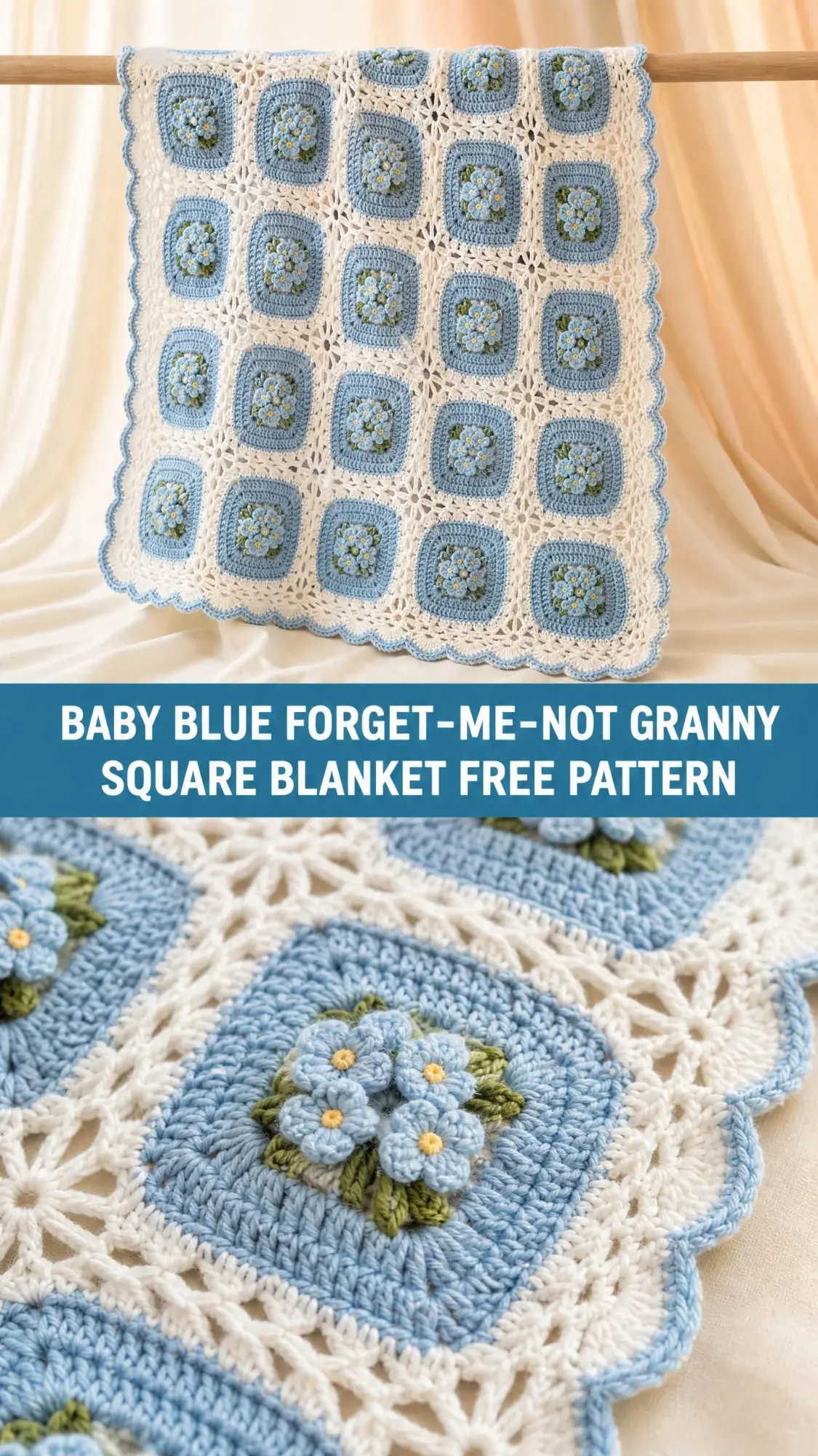 Baby Blue Forget-Me-Not Granny Square Blanket Free Pattern