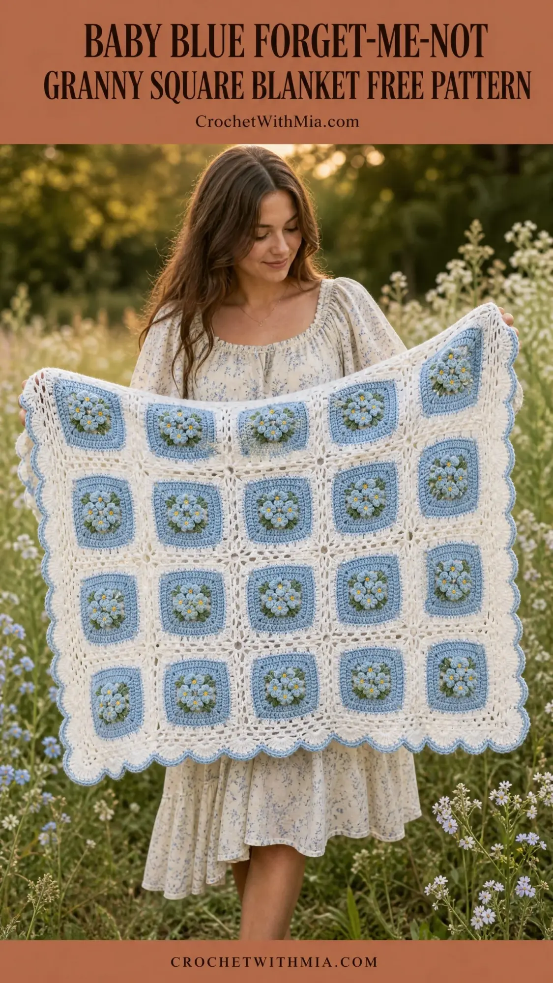 Baby Blue Forget-Me-Not Granny Square Blanket Free Pattern
