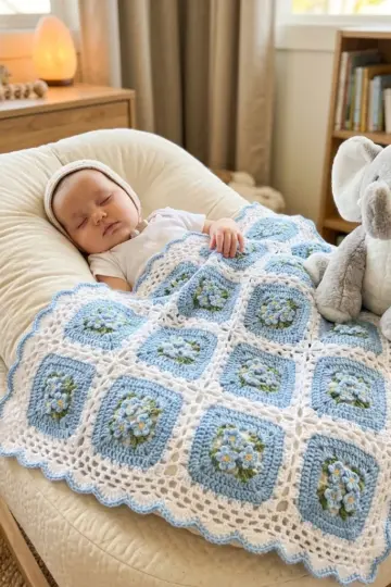 Baby Blue Forget-Me-Not Granny Square Blanket Free Pattern