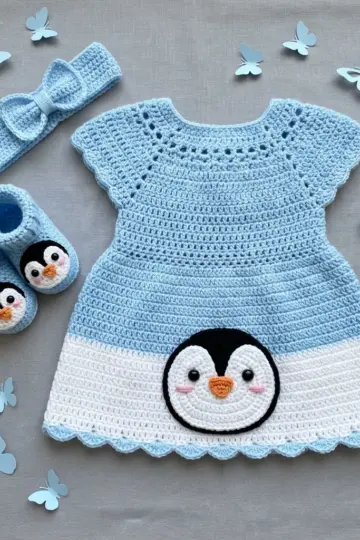 Baby Blue Penguin Baby Dress Set Free Crochet Pattern
