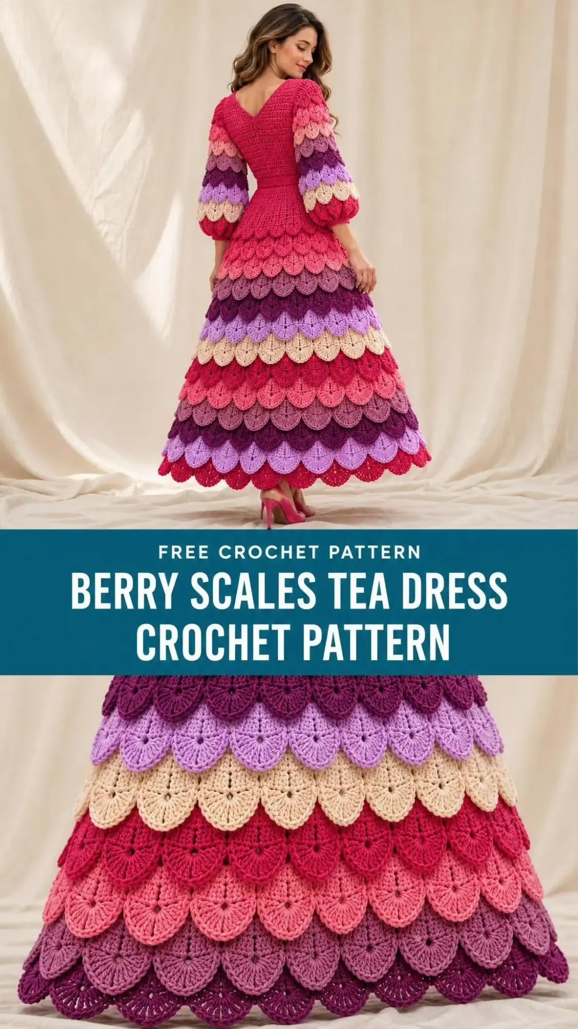 Handmade crochet dress featuring fitted bodice and cascading scale stitch in pink, purple, and cream tones