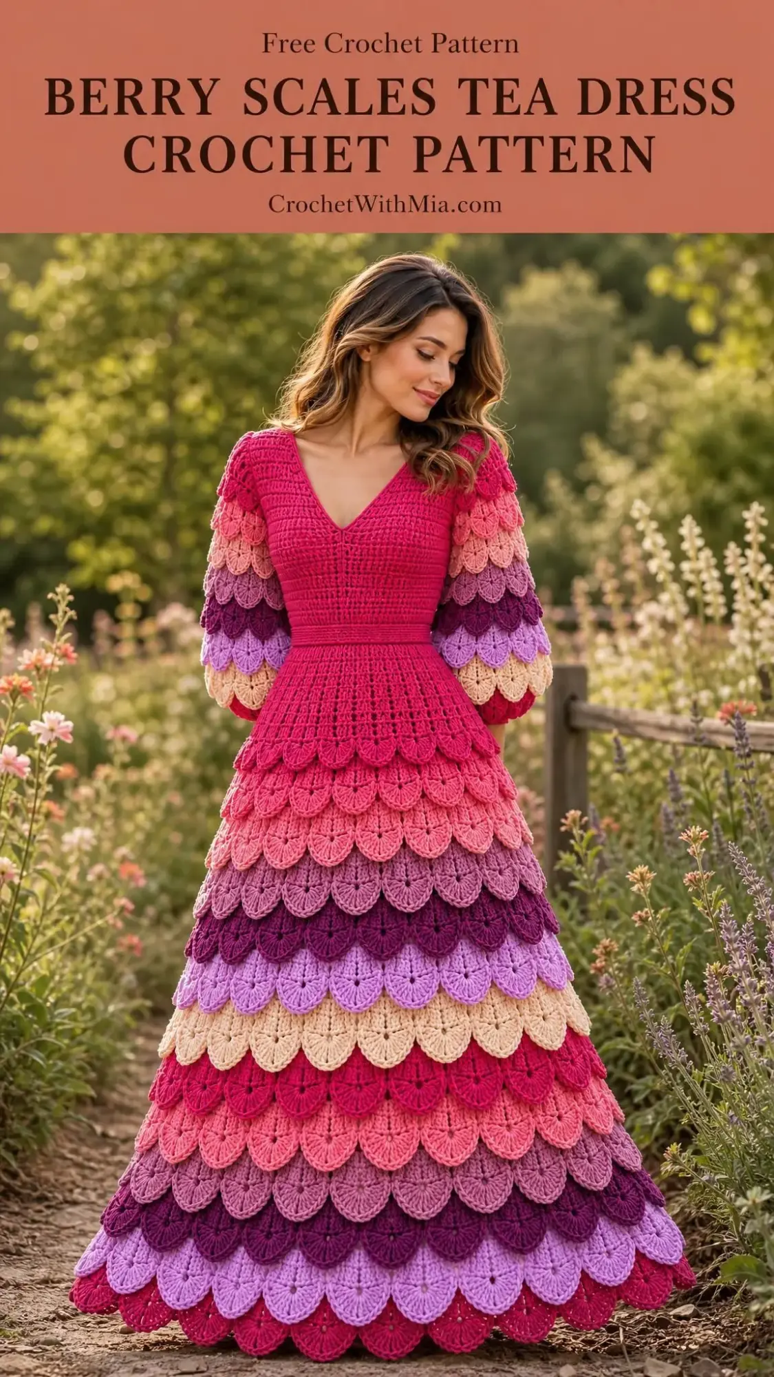 Full-length berry-colored crochet tea dress with textured scale pattern and three-quarter sleeves on elegant model