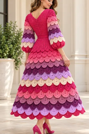 Raspberry crochet tea dress with rainbow crocodile scale skirt and balloon sleeves, back view showing colorful tiers