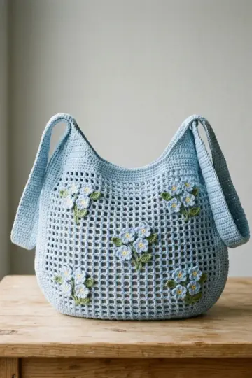 Blue Forget-Me-Not Mesh Bag Free Crochet Pattern