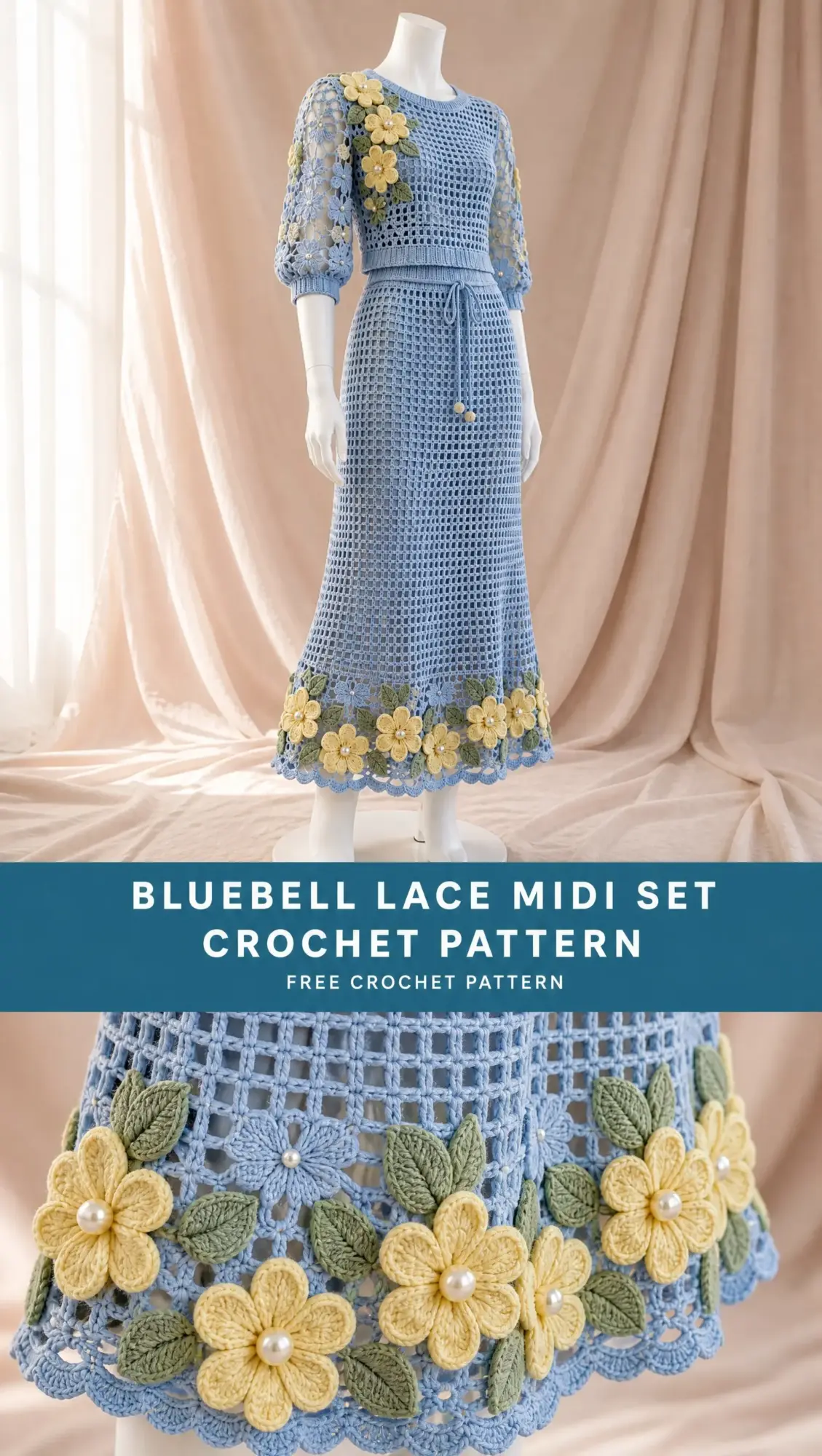Close-up of mesh stitch pattern on blue crochet top showing open lace texture and ribbed waistband detail