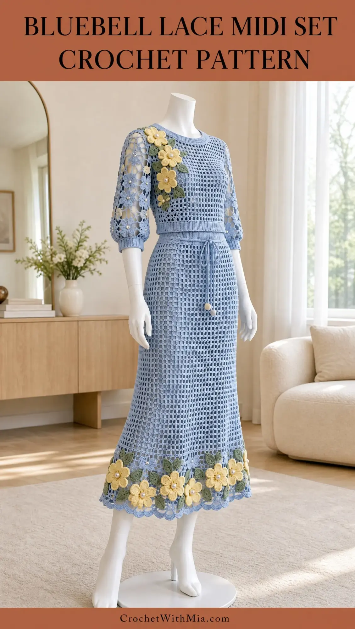 Bluebell Lace Midi Set featuring scalloped hem edge with clustered yellow crochet flowers and pearl bead centers