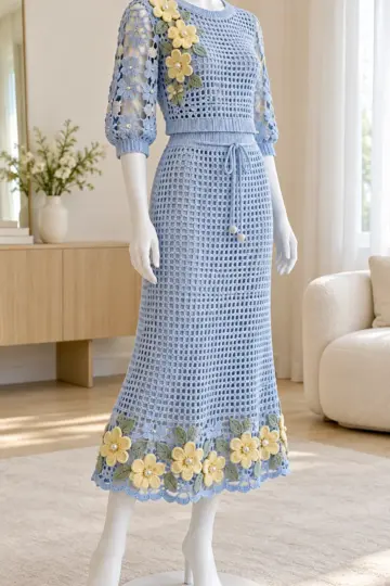 Powder blue crochet lace midi skirt and top set with pale yellow flower appliques and green leaves on mannequin