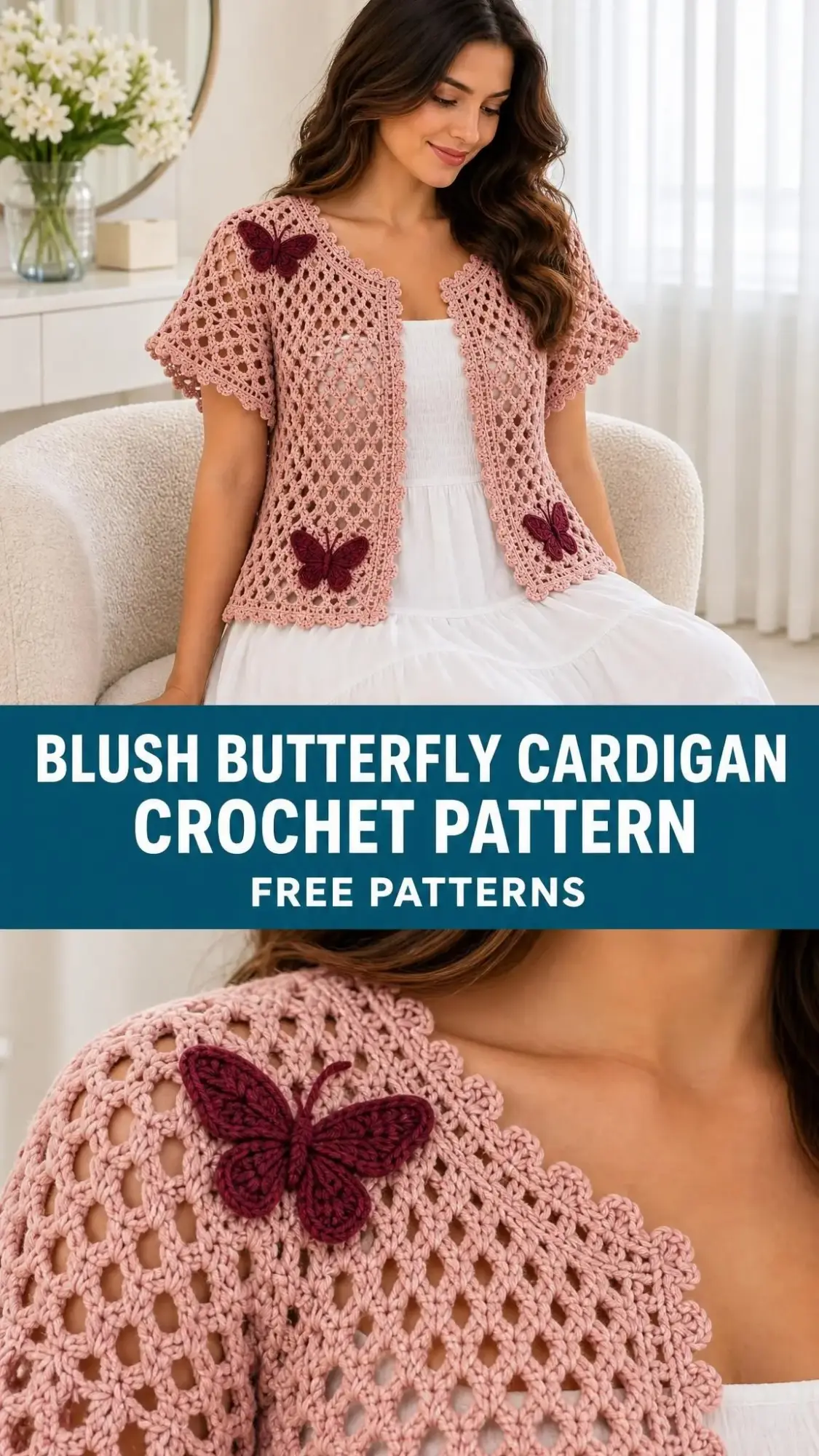 Blush Butterfly Cardigan crochet pattern showing mesh upper body, lace lower section, and flutter sleeves with picot trim