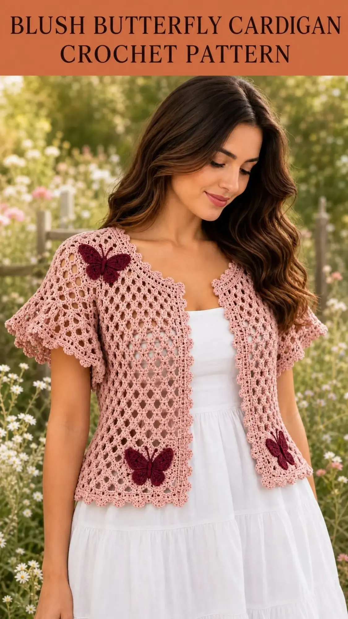 Close-up of crocheted cardigan in dusty rose featuring burgundy butterfly motifs at shoulder and hem with delicate shell edging
