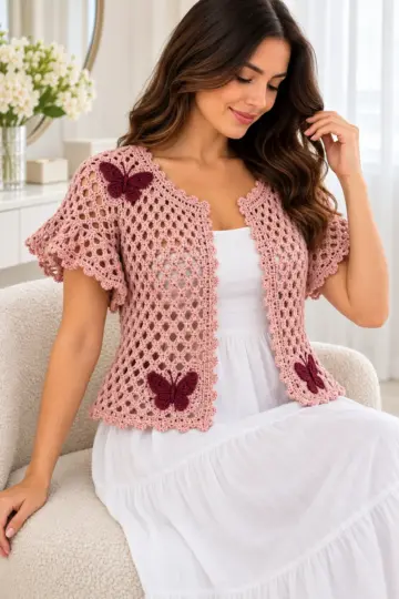 Dusty pink crochet cardigan with burgundy butterfly appliques, open lattice body, and scalloped edging worn over white dress