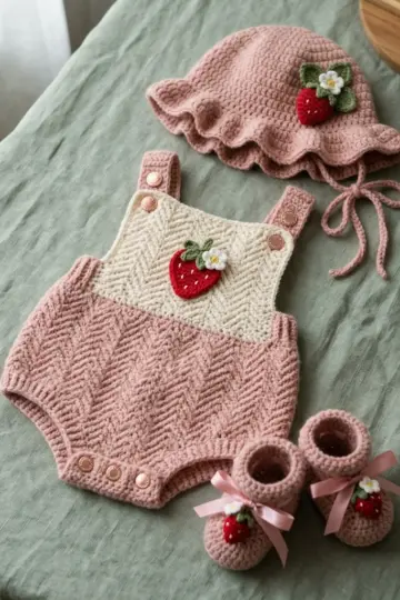 Blush Pink Strawberry Baby Romper Set Free Crochet Pattern