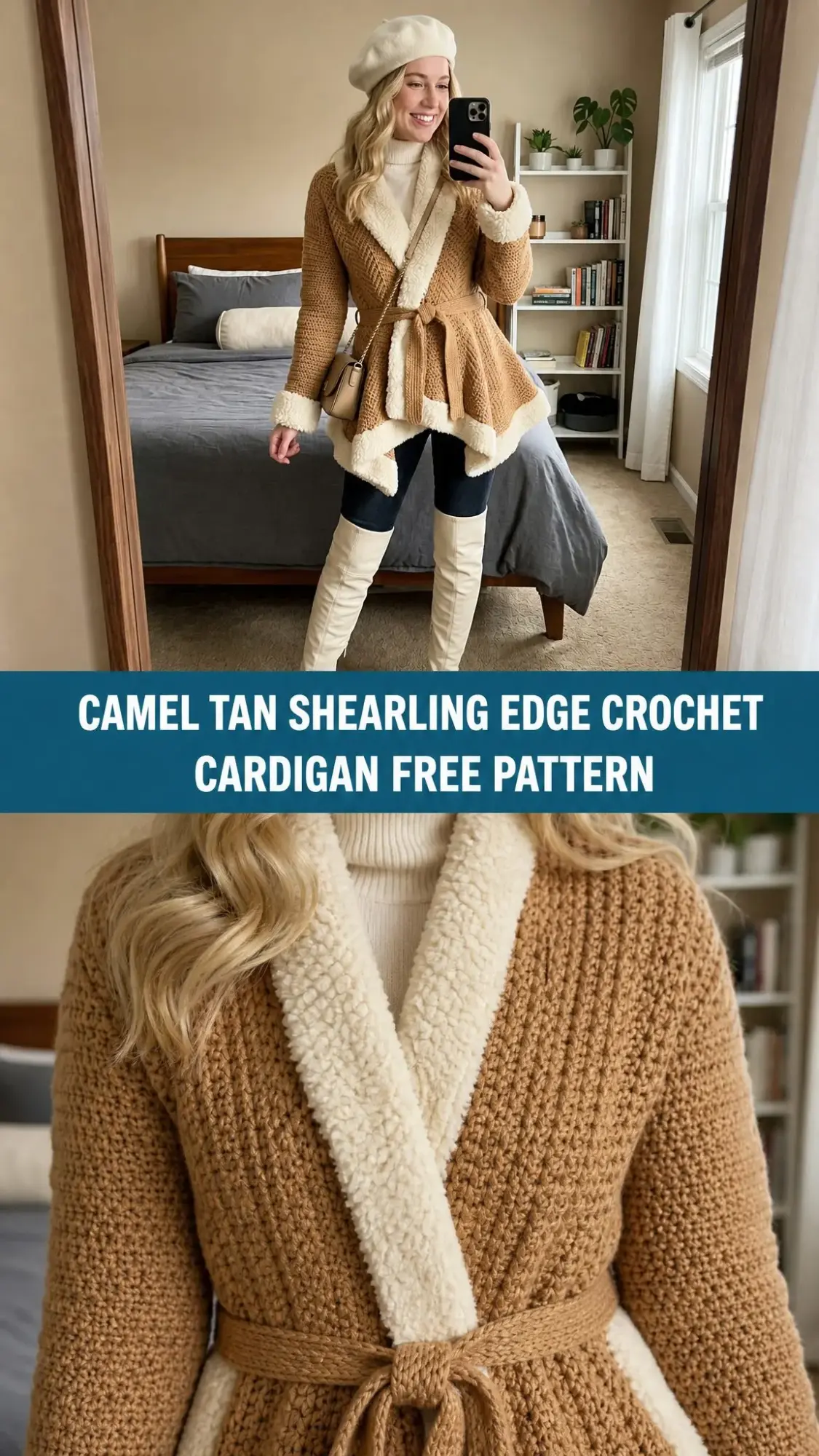 Camel Tan Shearling Edge Crochet Cardigan Free Pattern