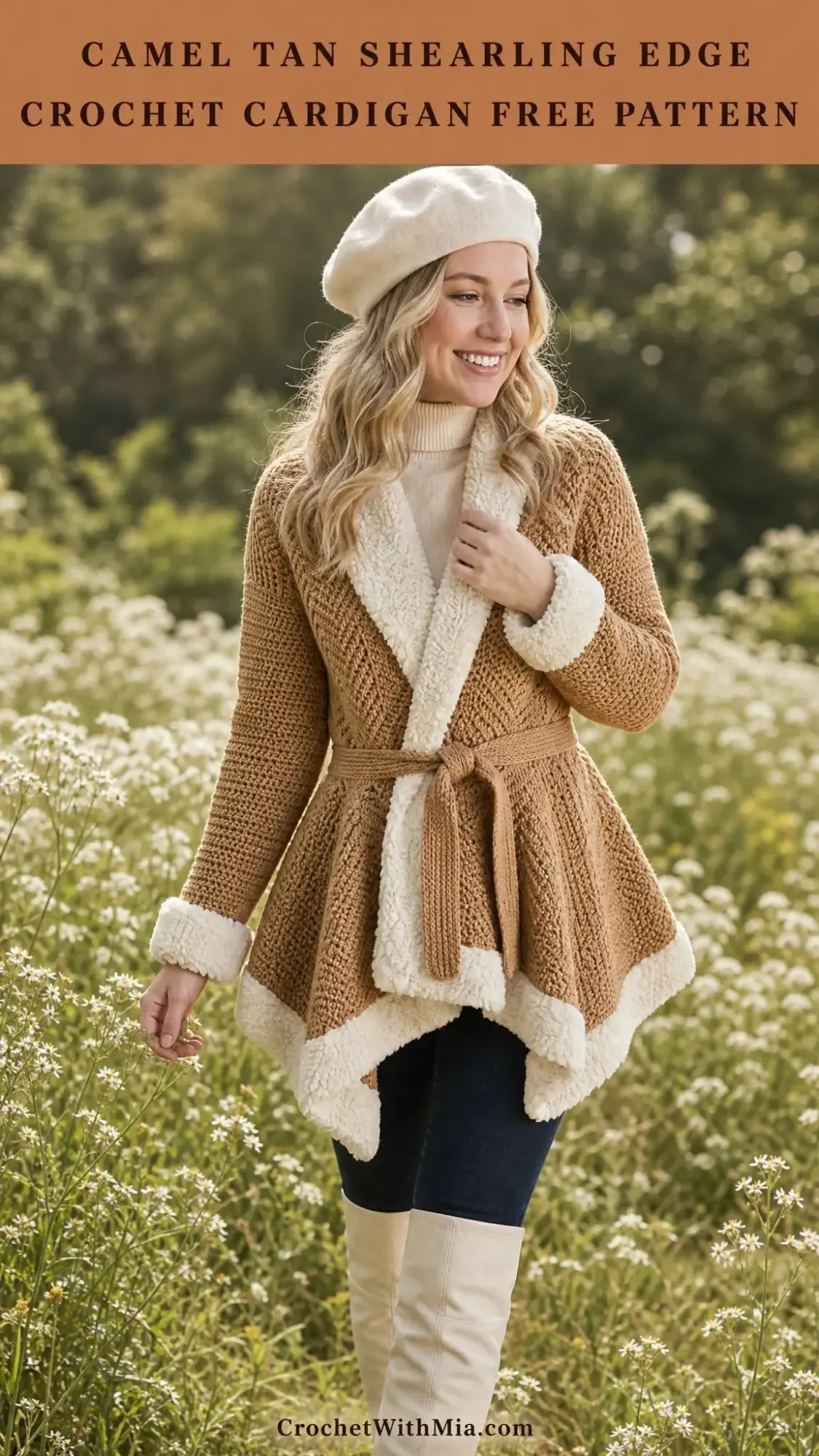 Camel Tan Shearling Edge Crochet Cardigan Free Pattern
