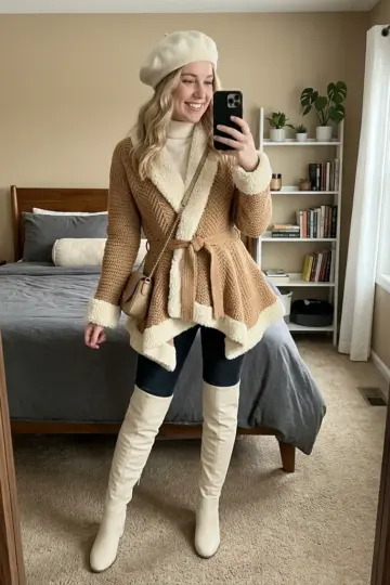 Camel Tan Shearling Edge Crochet Cardigan Free Pattern