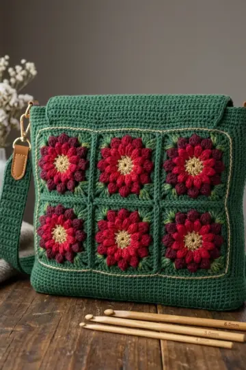 Christmas Poinsettia Granny Square Bag Free Crochet Pattern