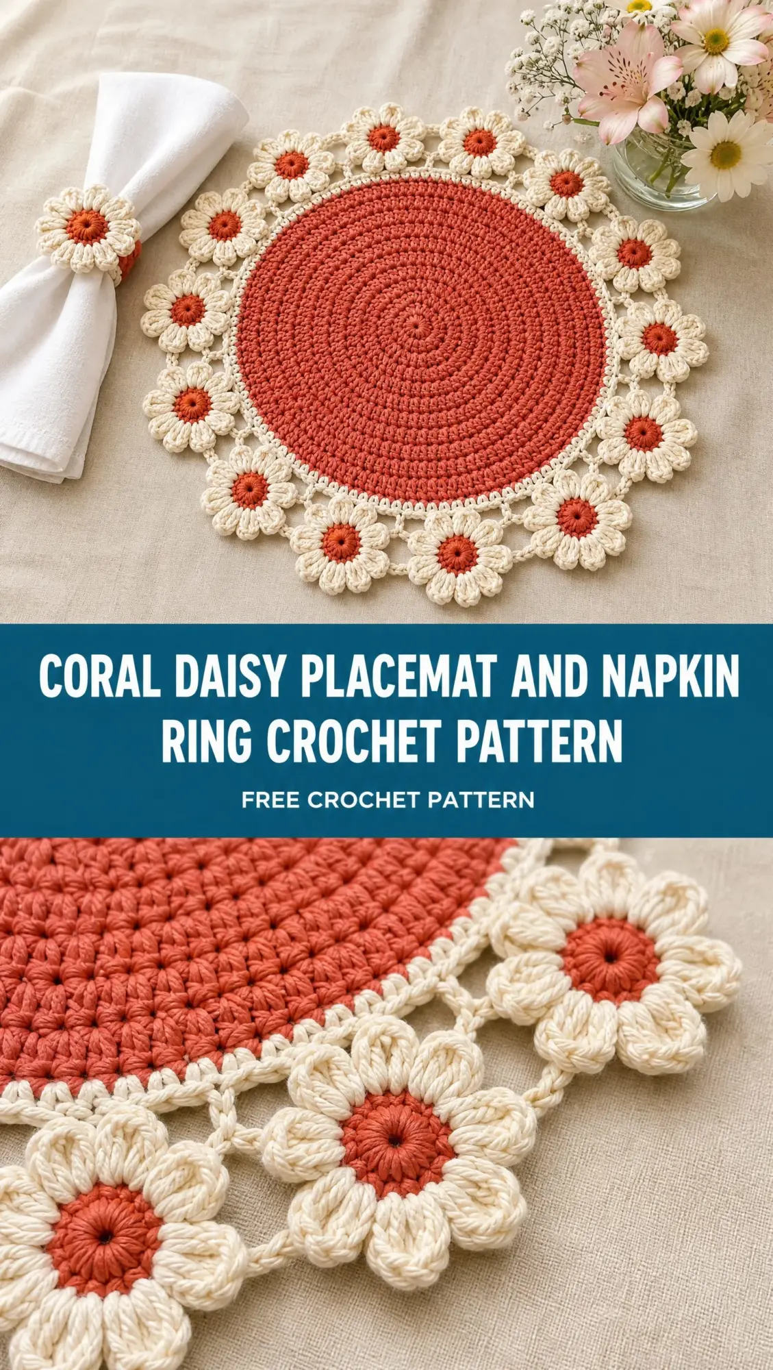 Coral Daisy Placemat and Napkin Ring Crochet Pattern