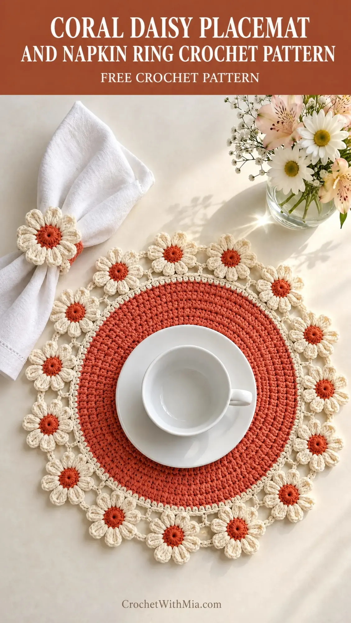 Coral Daisy Placemat and Napkin Ring Crochet Pattern